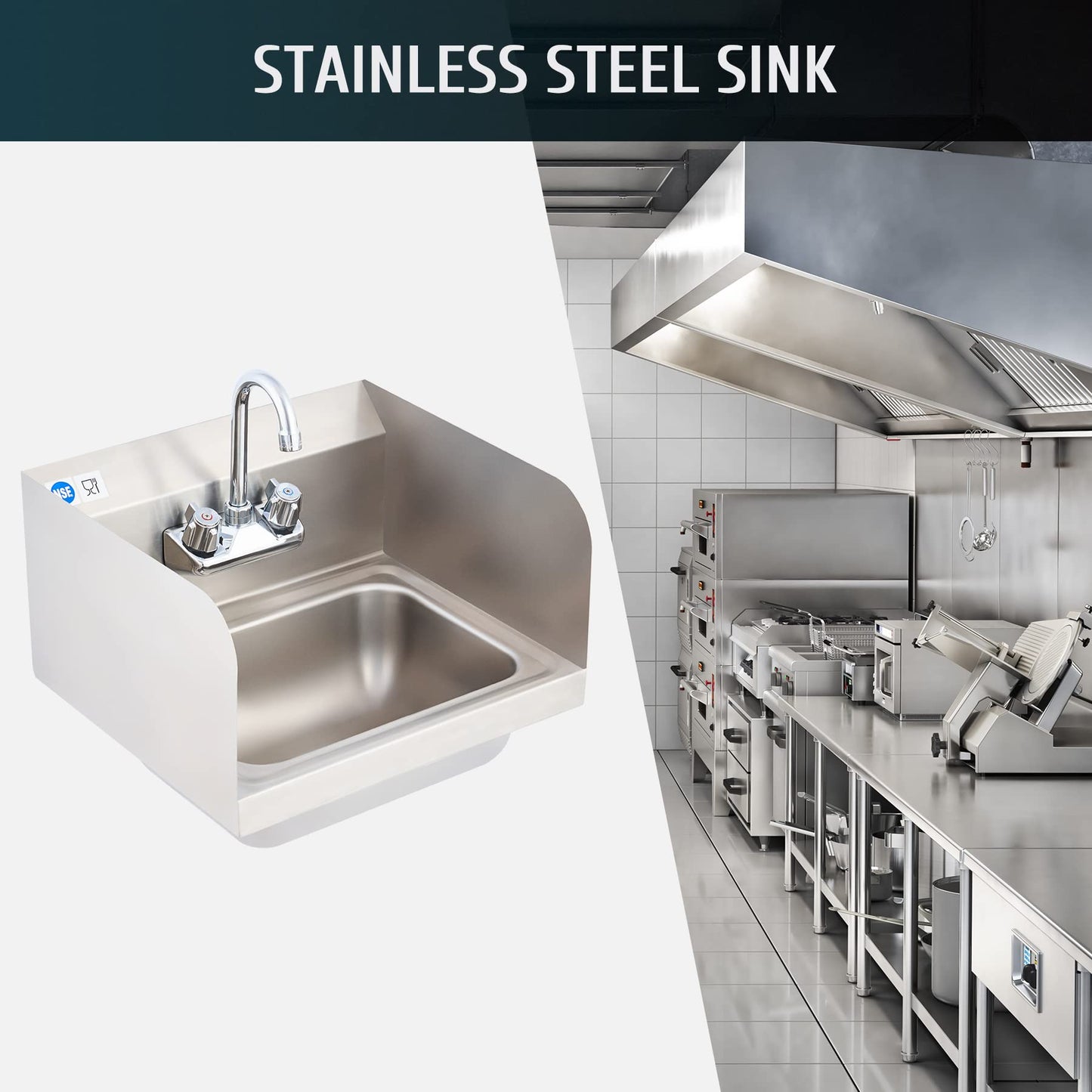 WILPREP Commercial Stainless Steel Sink for Hand Washing, NSF Commercial Utility Sink with Faucet and Side Splash, Wall Mount Kitchen for Restaurant Bar RV Bathroom Laundry Room (17 x 15 Inches)